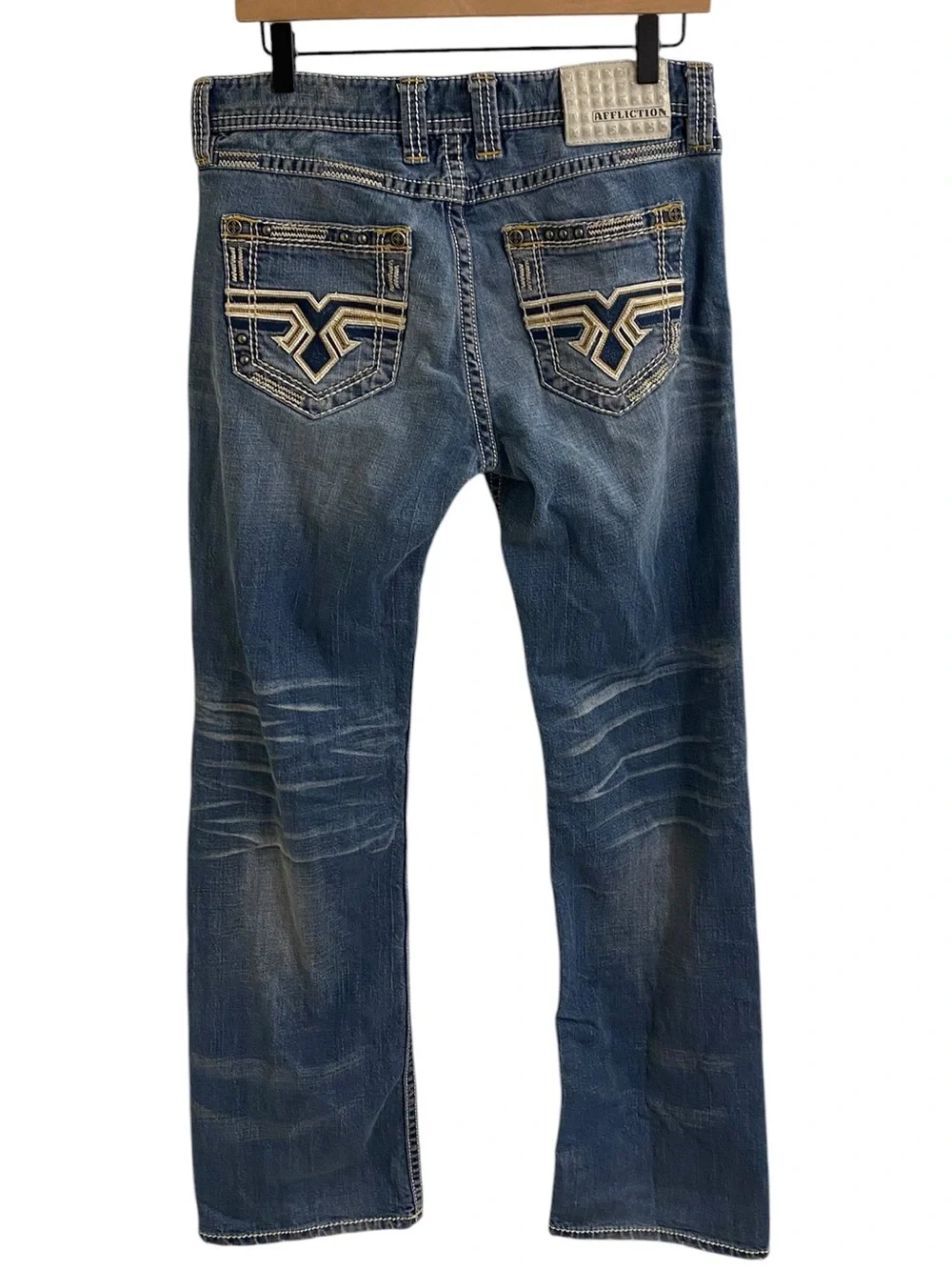 AFFLICTION COOPER JEANS MENS SIZE 30 90’s THICK STITCHING WHISKERED GRUNGE Y2K